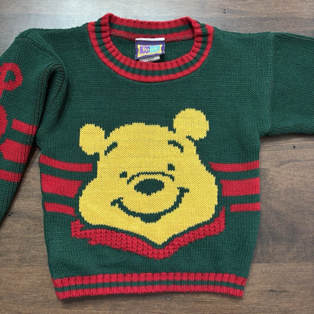 Vtg 90s Disney Winnie The Pooh Knit Sweater Holiday Unisex Kids 4T USA Red Green